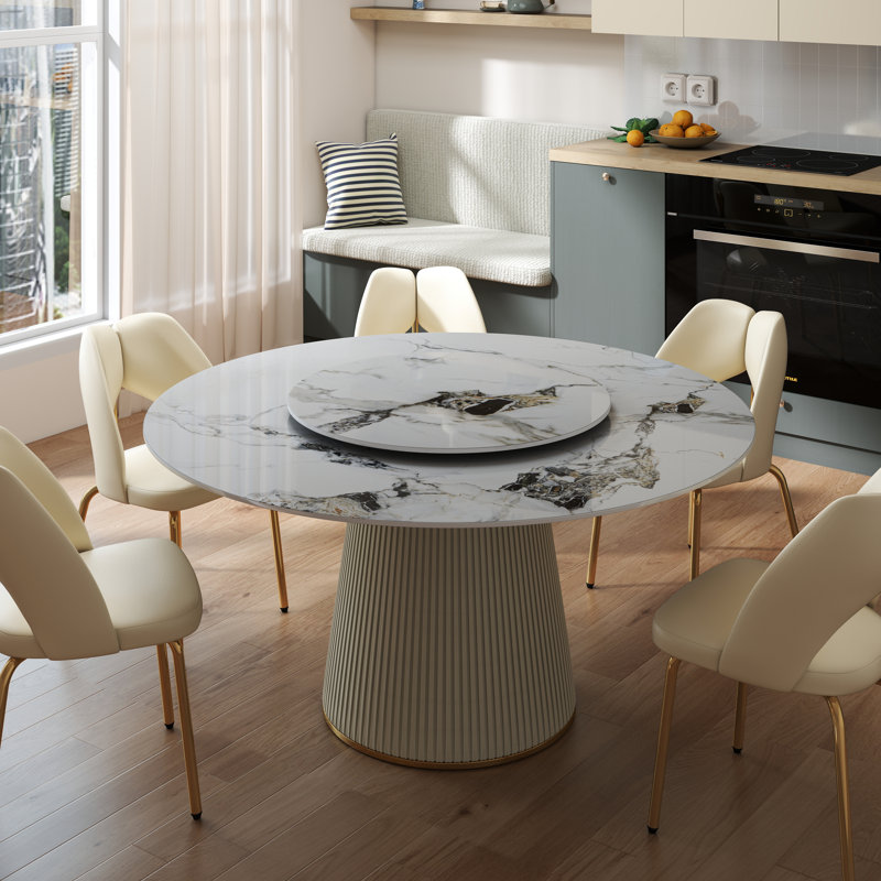 Round Stone Top Dining Table, 29.53" H x 59.05" W x 59.05" L, Patek White