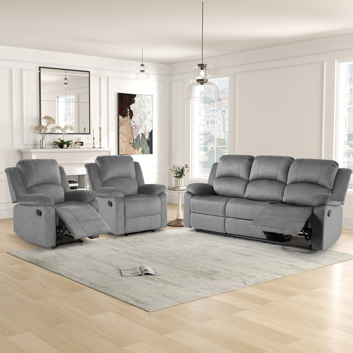 Llanos 3 Piece Comfortable Microfiber Manual Recliner Living Room Set with 2 Skin-friendly Recliners & Elegant Sofa