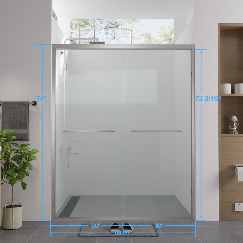 56-60" X 74" Double Sliding Bypass Shower Door With Aluminum Frame, 1/4" (6Mm) Clear Tempered Glass, Chrome Hardware
