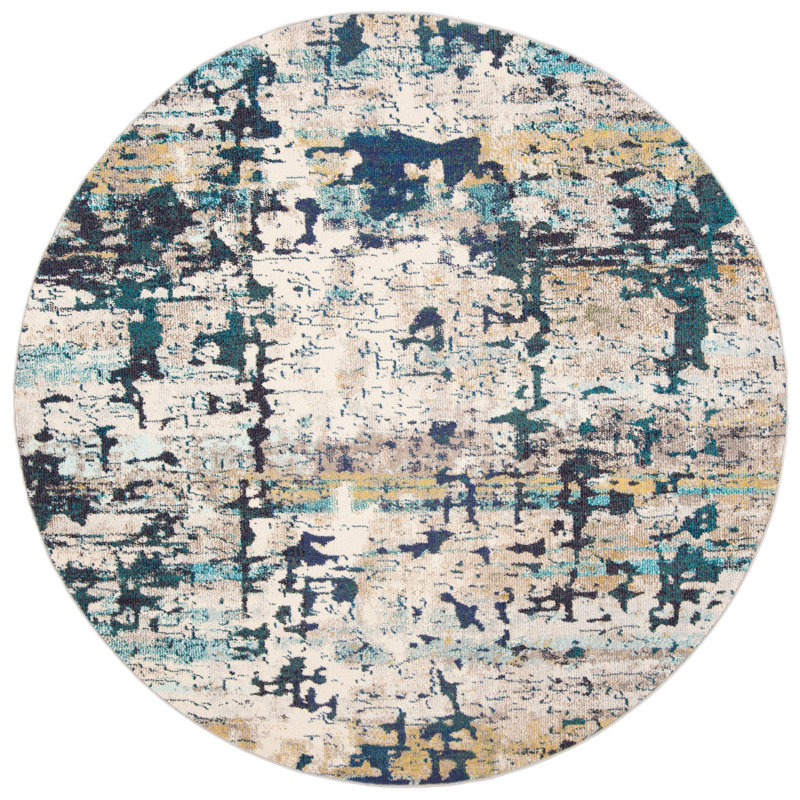 Felty Abstract Cream/Blue Area Rug, Round 5'
