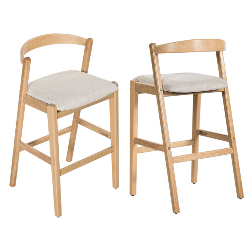 Rubberwood Barstool, Natural Finished and Beige Upholstery