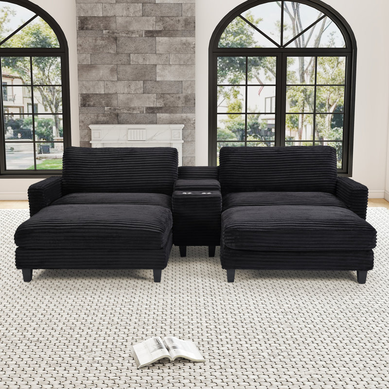 112.5 '' Wide U-Shaped Modular Comfy Cloud Upholstered Corduroy Sectional Loveseat with Ottomans, Center Console & Cup Holders
