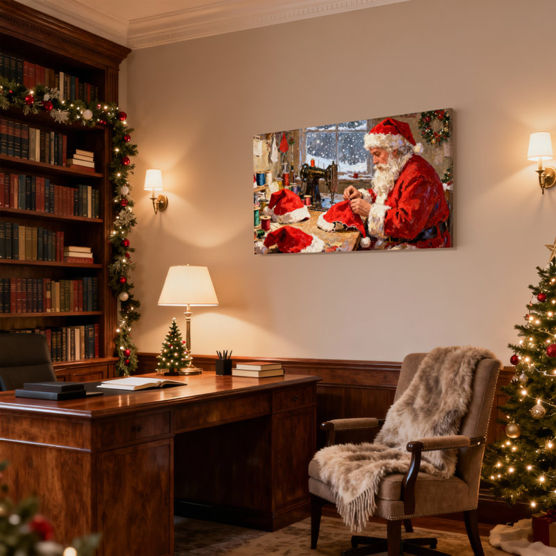 Ensemble de 3 reproductions d'art sur toile, "Christmas Santa Crafting Hats", H 20 po x l 30 po