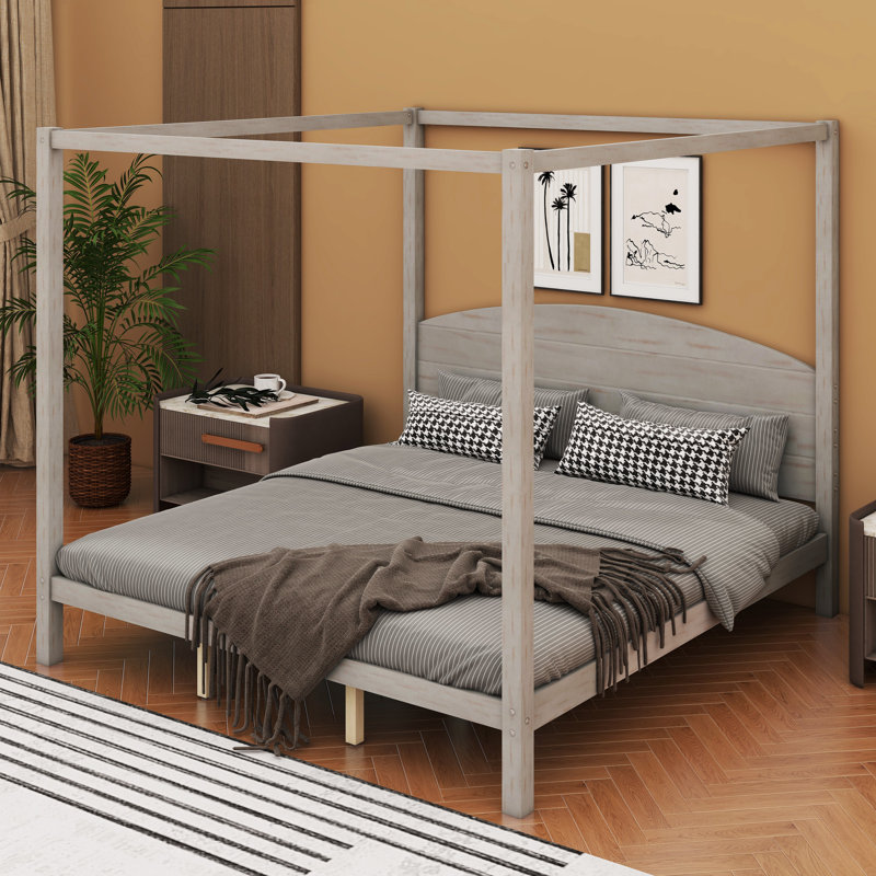 Damine Canopy Bed with Headboard and Support Legs，bed frame,platform bed, King, Gray Wash