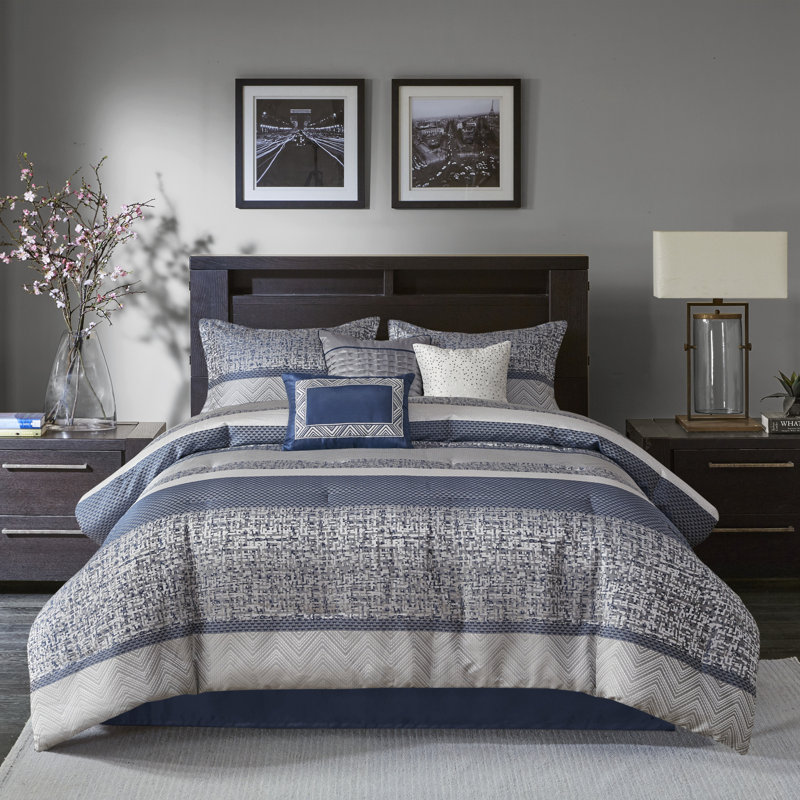 Rhapsody 7 Piece Jacquard Comforter Set, Queen Comforter + 6 Additional Pieces, Navy