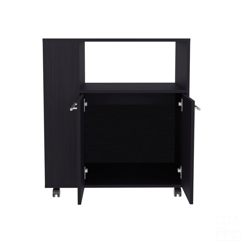 Chariot de cuisine, 2 portes, 3 tablettes, 4 roulettes, Noir