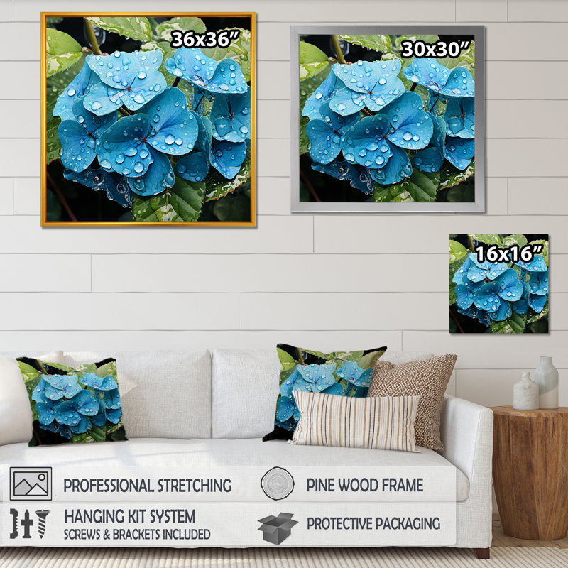 «Blue Hydrangea Flower Elegance I», art mural hortensia, H 30 po x l 30 po x P 1,5 po, Cadre flottant blanc