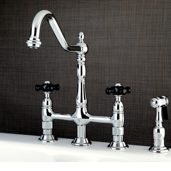 Kingston Brass Duchess Two-Handle 4-Hole Deck Mount Bridge Kitchen Faucet with Brass Side Sprayer, Polished Chrome