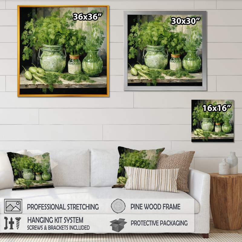 Herbes de poterie délices 3 - art mural herbes, Cadre doré simple, H 16 po x l 16 po x P 1 po