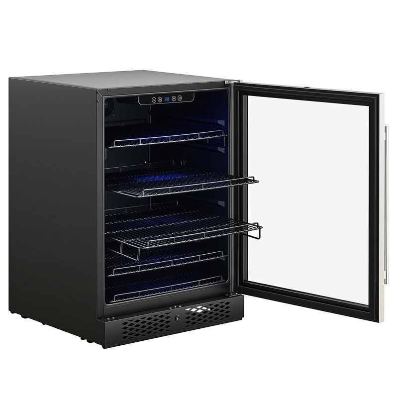 Cave à vin et à boissons de 61 cm (24 pouces), capacité de 180 canettes, encastrable ou pose libre, avec serrure, température réglable de 3 à 10 °C (38 à 50 °F), porte vitrée et éclairage DEL, idéale pour la maison ou un bar.