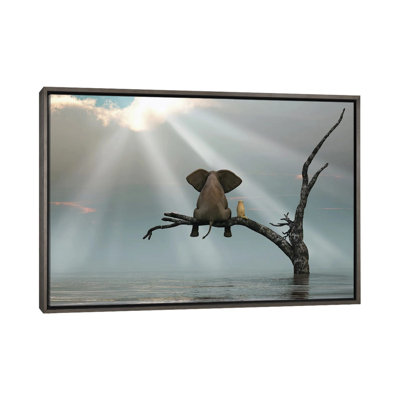" Elephant And Dog Are Sitting On A Tree Fleeing A Flood " by Mike Kiev