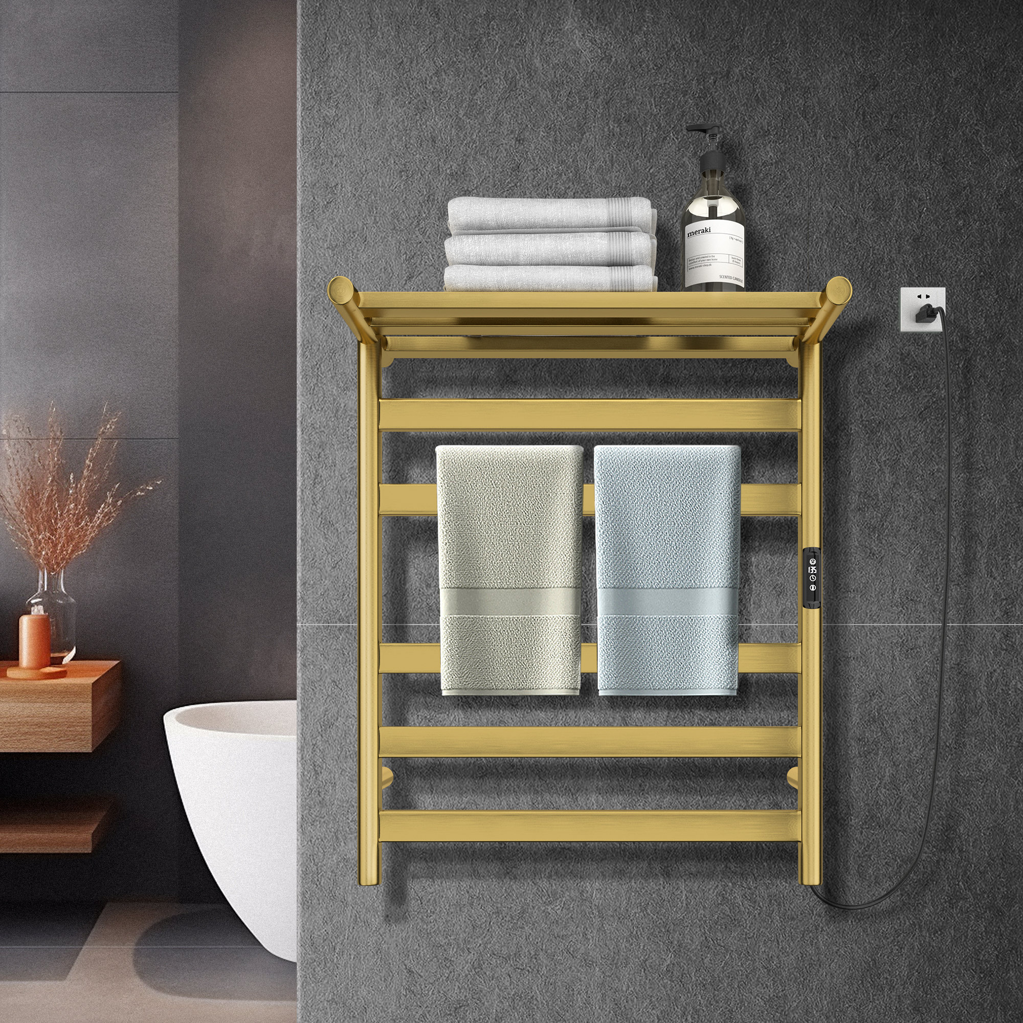 Electric Heated Towel Rack with Top Shelf Wall Mount Towel Warmer