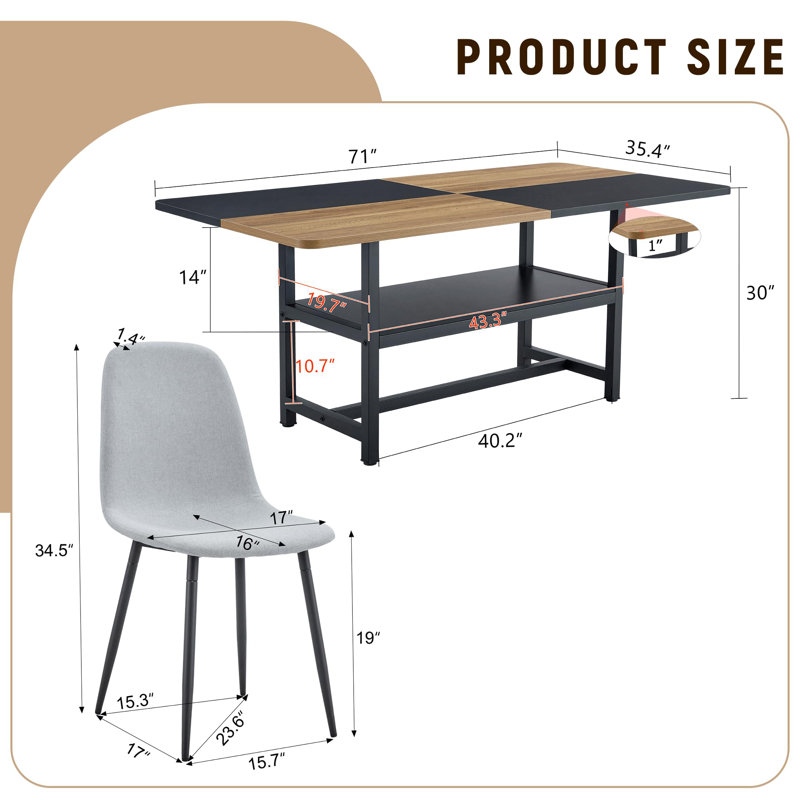 Ensemble de table de salle à manger rectangulaire pour 8 personnes, ensemble de table de salle à manger 71 po avec 8 chaises rembourrées et tablette de rangement, plateau de table en bois avec structure en métal