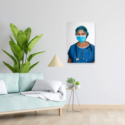 Hôpital, infirmière avec masque et stéthoscope, portrait moderne, art mural