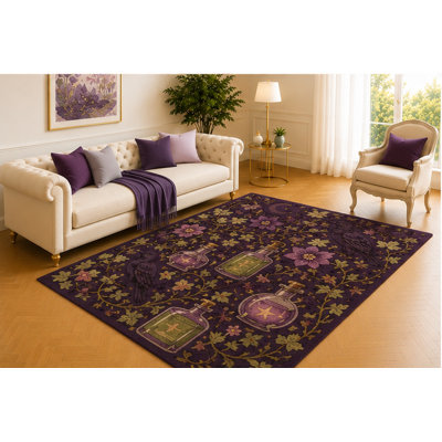 Tapis de potion de sorcière «Ultra Léger» 5 pi x 7 pi, vignes florales mauve foncé avec des symboles de la lune et des bouteilles magiques, décoration de sol mystique pour chambre à coucher, bureau ou salon