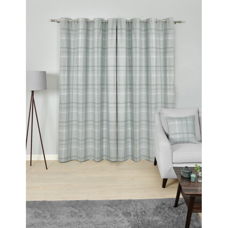 Printed Check Cotton Blackout Curtain Panel Pair, Green, Width 117 x Drop 137 cm