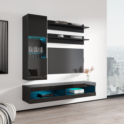 Lomas 63" Modern Floating Wall Mounted Entertainment Center with 16-Color LED Lighting, High Gloss Finish