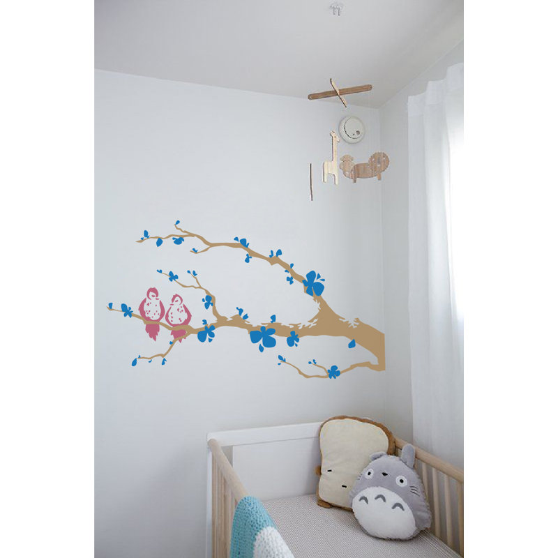 Décalcomanie murale branche arbre love oiseaux, Bleu / rose / brun, H 21 po x l 40 po x P 0,01 po