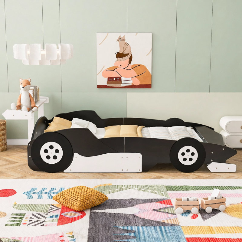 Lit plateforme double en forme de voiture de course avec roues, noir, Noir, Lit double