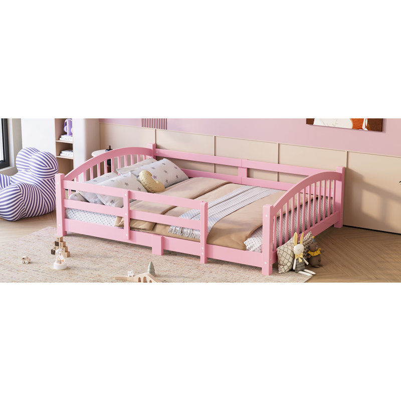 Lit à plancher double en bois massif rose, avec garde-corps et lattes, pour une bonne nuit de sommeil - taille fabriquée en bois, assemblage simple