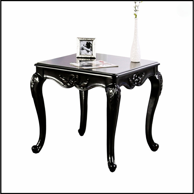 Table de bout carrée 1Pc de style traditionnel avec pieds incurvés et design sculpté en bois massif