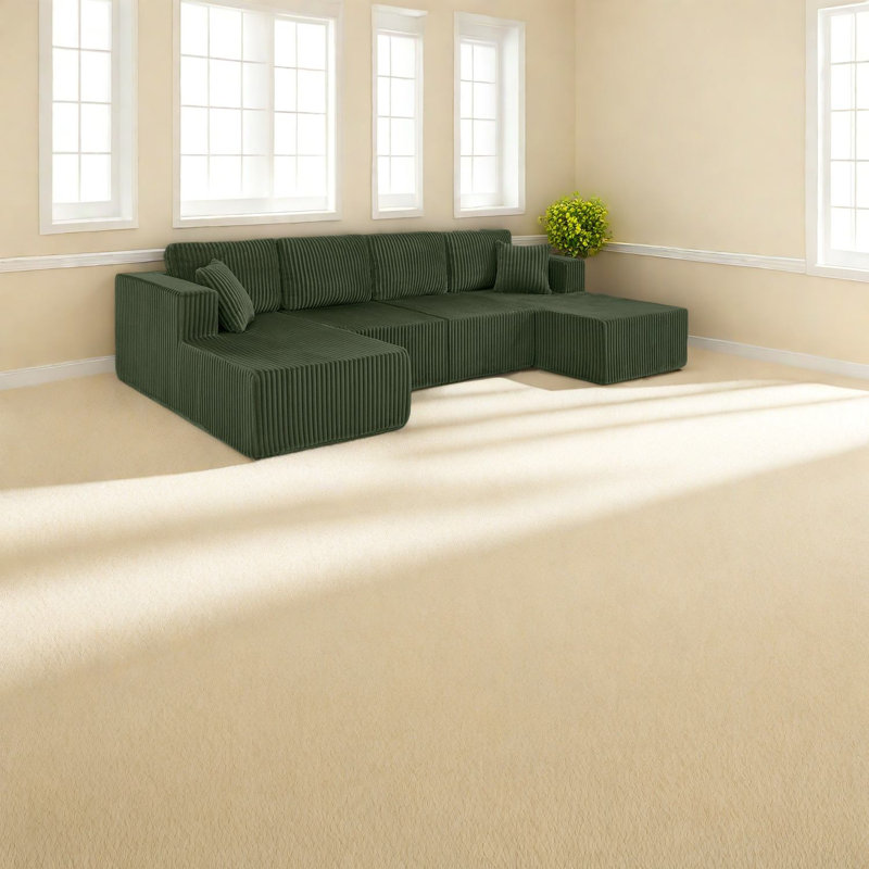Canapé modulaire spacieux en forme de U, revêtement en mousse verte, style de vie moderne