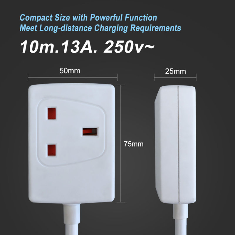 1 Gang Single Socket Extension Lead 13A UK 3Pin Plug - 10 Metre Cable, White, 2.5cm H x 7.5cm W x 5cm D