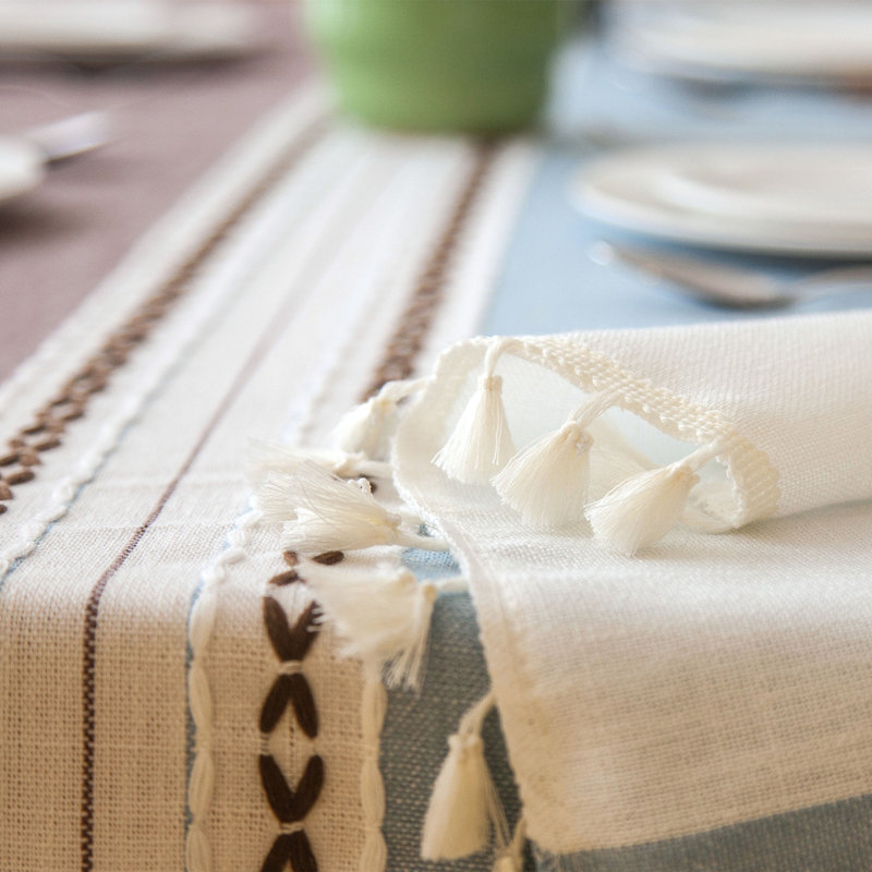 Dumas Cotton Blend Tablecloth, Khaki/Light Blue