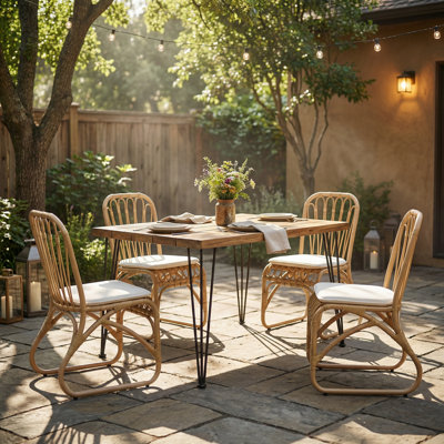 Ensemble de salle à manger d'extérieur 5 pièces pour 4 personnes, table carrée avec plateau en bois d'acacia et chaises en rotin, ensemble de mobilier moderne de 32,5 po pour patio, terrasse, cour arrière, porche, teck et jaune