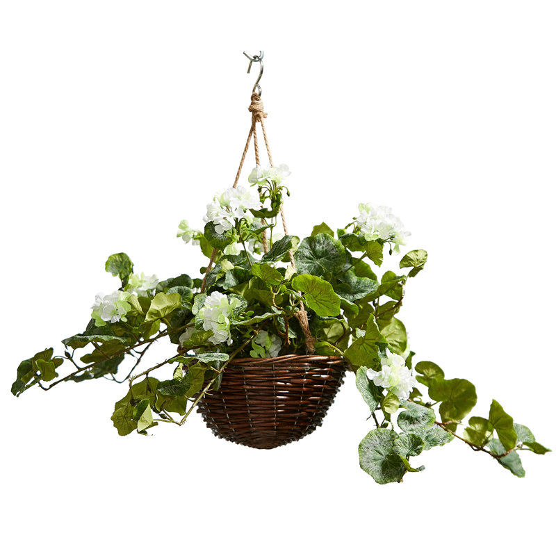 Panier suspendu en géranium artificiel, Blanc