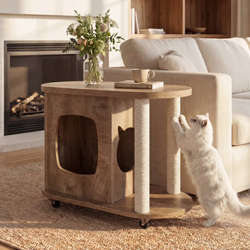 End Table, Sofa Side Table with Scratching Posts and Cat Bed