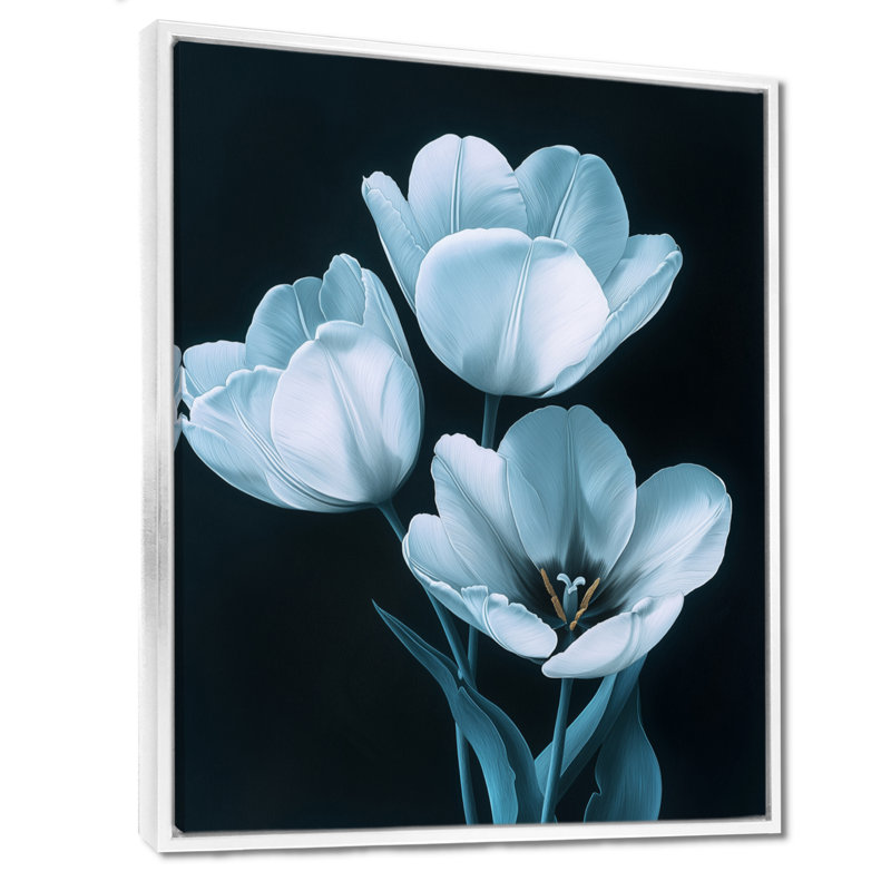 Tulipes bleues et blanches, H 40 po x l 30 po, Reproduction avec cadre flottant, Blanc
