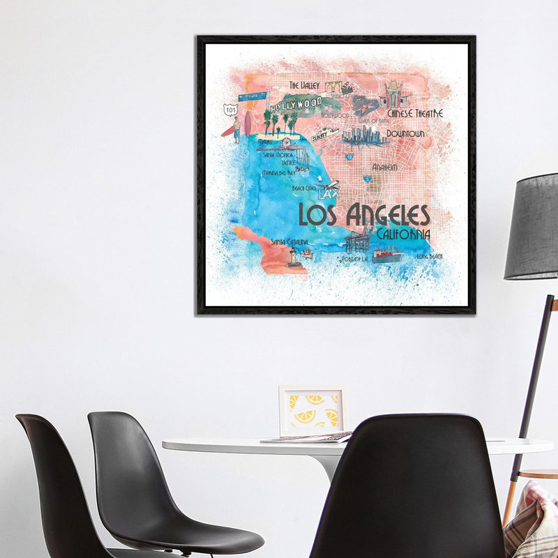 Los Angeles USA Illustrated Map by Markus & Martina Bleichner - Painting on Canvas, Black Floater Framed