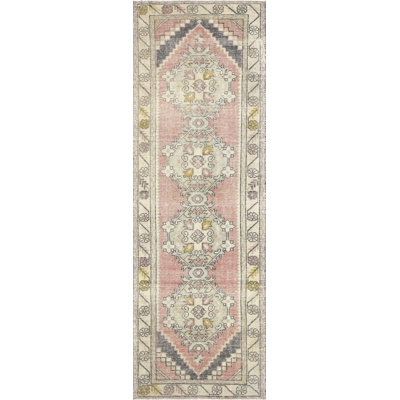 One-of-a-Kind Hand-Knotted 1960s 3'1" x 9'6" Runner Wool Area Rug in Pink/Gray/Beige