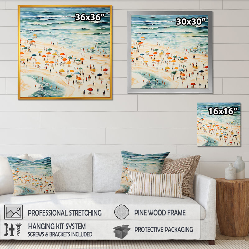 Beach Day Umbrella Parade III - Beach People, art mural, Cadre simple argenté, H 36 po x l 36 po x P 1,5 po