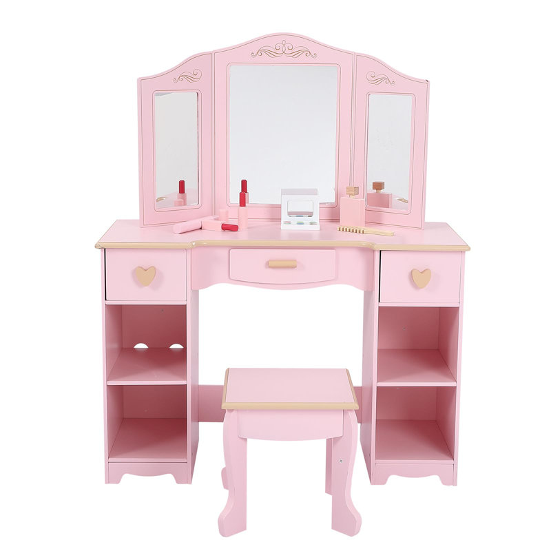 Childrenâ€™s Vanity Table and Stool, Pretend Play Set with Tri-Folding Mirror, 3 Drawers, 4 Shelves & Accessories,