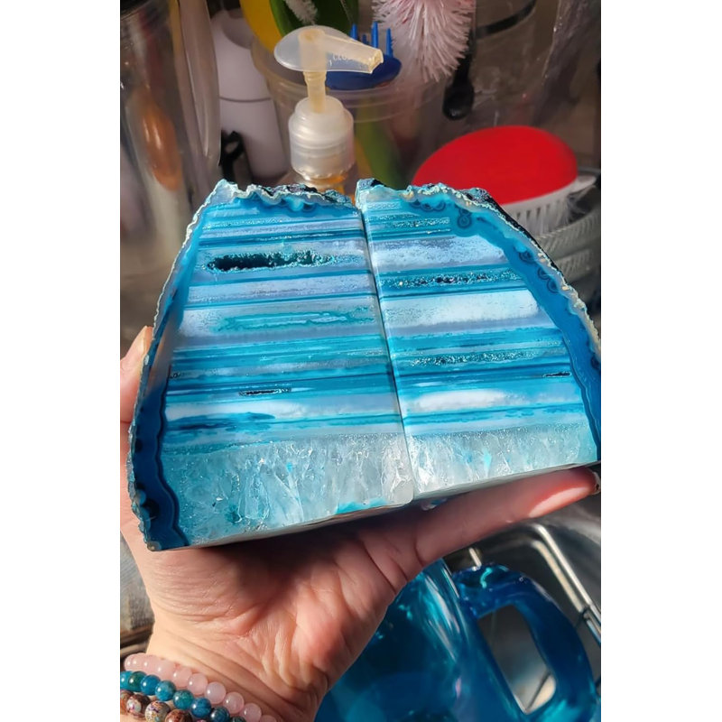 Serre-livres en géode sarcelle et agate, porte-livre en cristal naturel unique de 2 à 3 lb avec pare-chocs en caoutchouc, Sujetalibros pour petits livres et livres de cuisine, élégants et fonctionnels