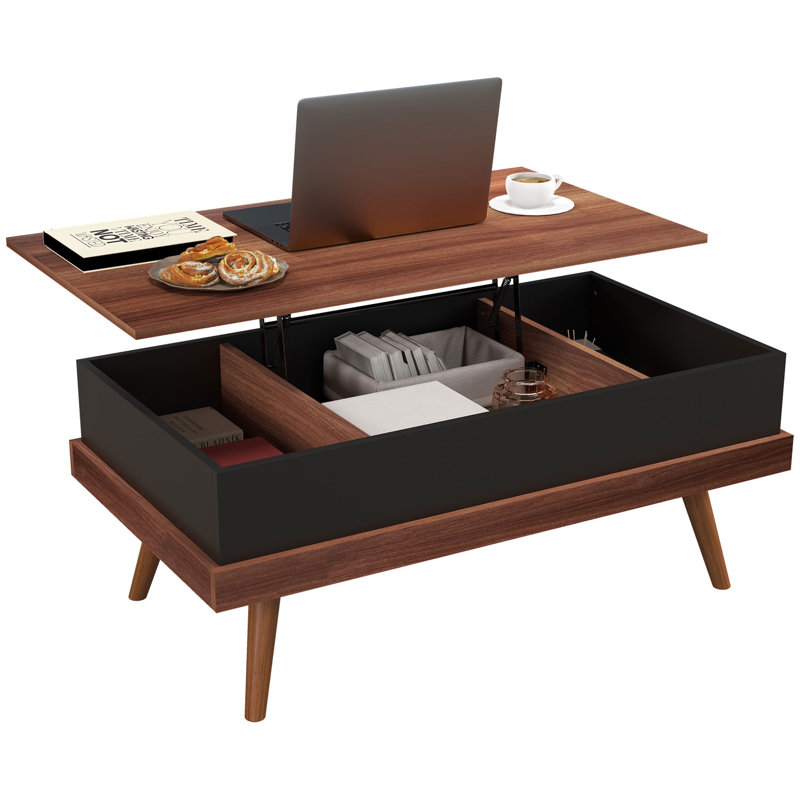 Table basse à plateau relevable, 39,25 po avec compartiments de rangement cachés, pieds en bois, noyer | Idée cadeau