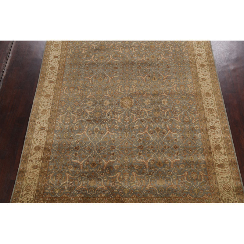 Tapis gris en laine noué à la main de conception unique 7 pi 11 po x 10 pi New Age