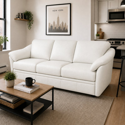 Ramdev Top Grain Leather Sofa with Top Pillow Arm in White Color