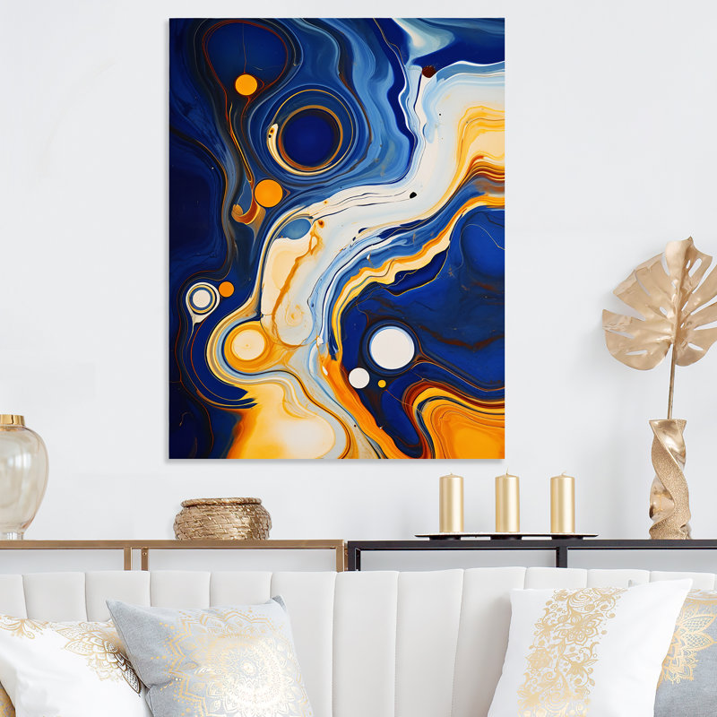 Jaune et bleu, liquide, encre de rivière II - encre liquide, art mural abstrait en métal, H 40 po x l 30 po x P 1,5 po