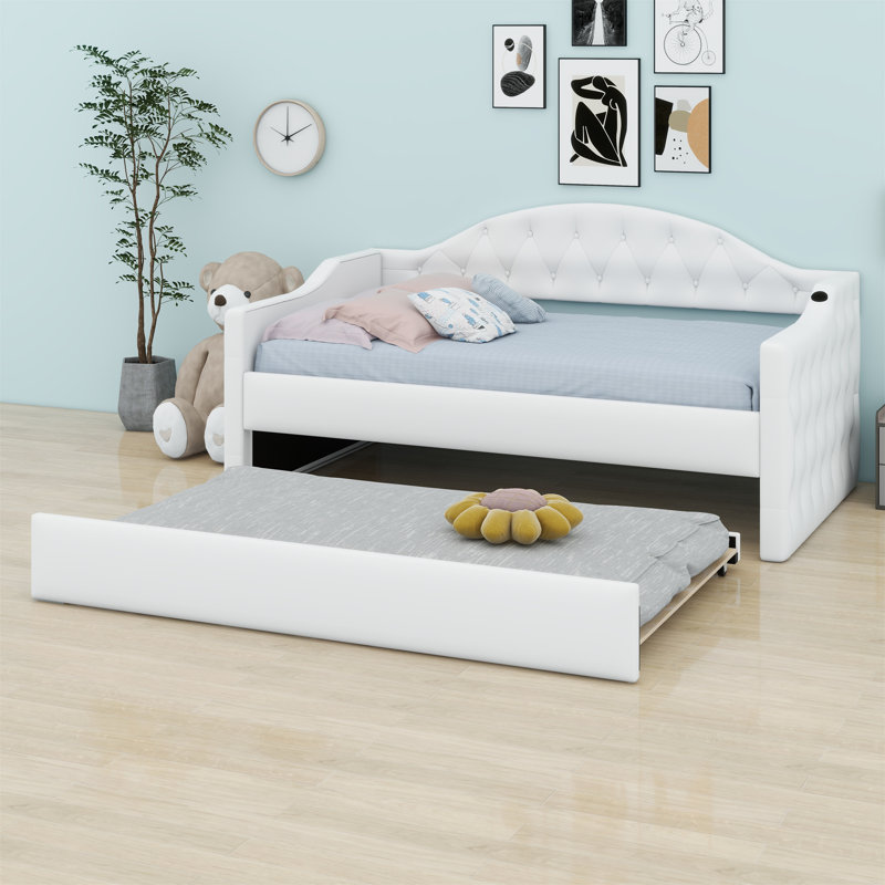 Lit de jour simple tapissier capitonné avec couchette, port USB et ports de charge, Beige