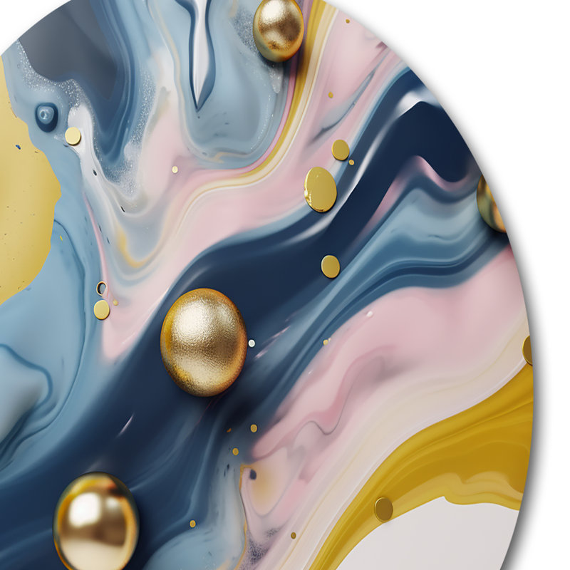 Jaune et bleu pierre fluide IV - marbre abstrait, art mural rond sur métal, H 23 po x l 23 po x P 1 po