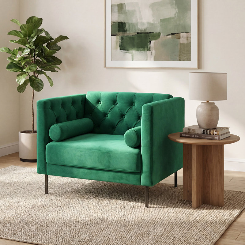 Chesterfield Oversized Accent Chair, 38.6" Mid Century Single Sofa Armchair With Button Tufted Backrest, 2 Bolster Pillows For Living Room, Bedroom, Club, Velvet