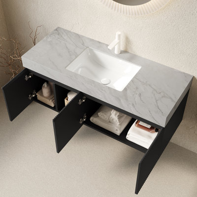 Meuble-lavabo suspendu EIDEN 122 cm (48 po), lavabo en céramique avec comptoir en pierre frittée veinée gris Carrara et lavabo pré-percé pour robinetterie, démonté, sans robinetterie ni bonde, couleur noire