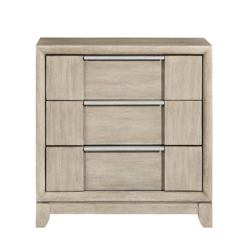 Armoire de chevet moderne à 3 tiroirs avec port de charge gris pour la chambre à coucher, quincaillerie en métal fini, glissières de roulement, poignées en placage de bois de frêne, H 28 po x 17,5 po