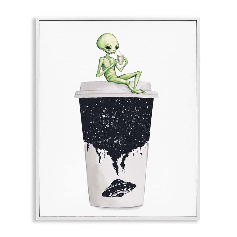 Alien & Coffee Cup Art by Ziwei Li, Coastal White Framed Giclee, 20" H x 16" W