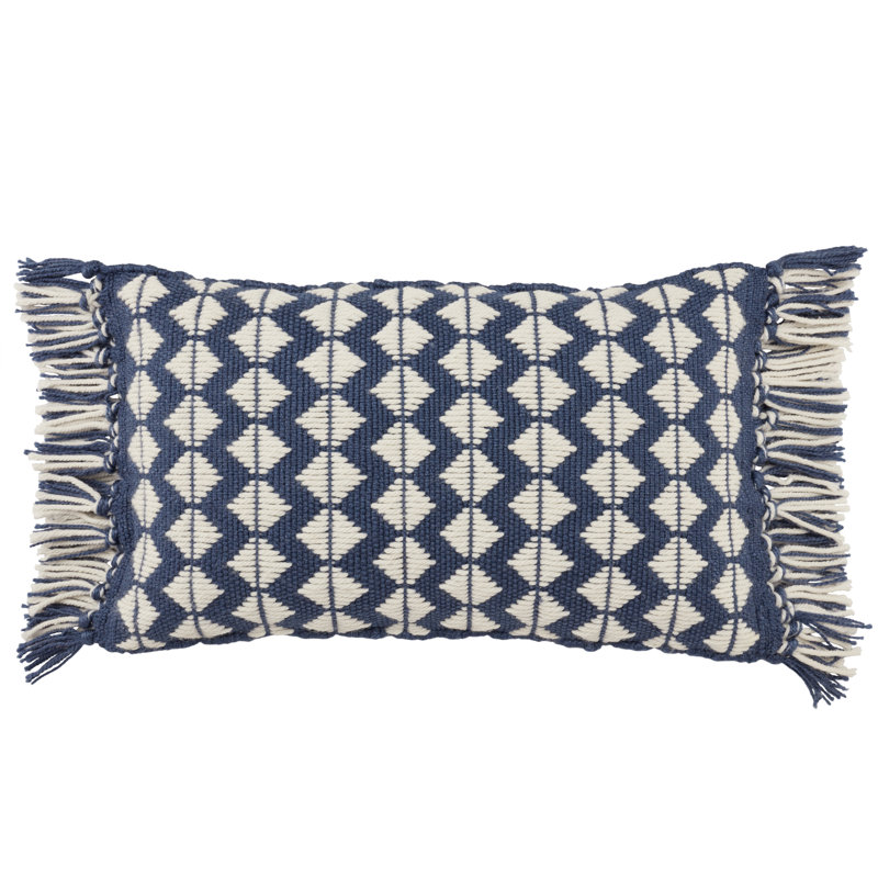 Senda Fringed Outdoor Throw Pillow, Dark Blue/Ivory, Pillow Cover Only - No Insert