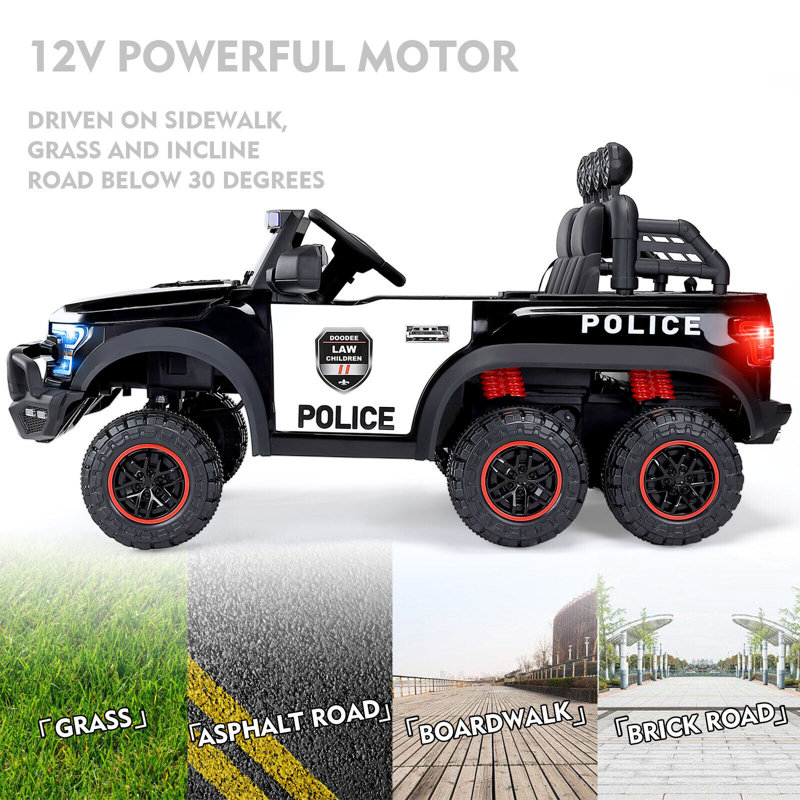Black 12V Kids Ride-On Police Car with Remote Control
