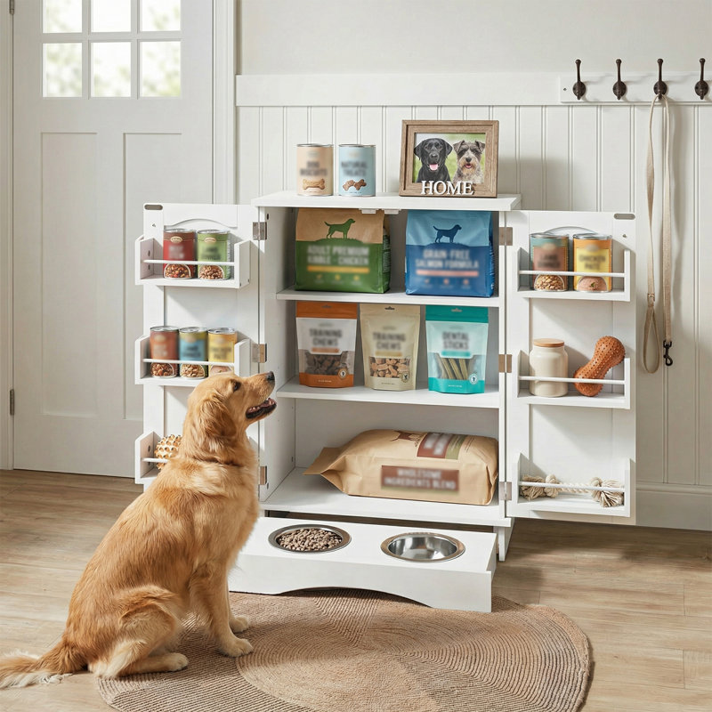 Feeding Station with Storage,80.5 H Pet Food Storage Cabinet with Adjustable Shelves
